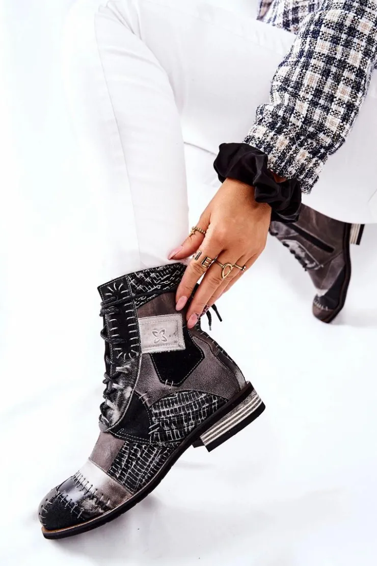 Damskie Maciejka Botki Skórzane Sztyblety Szare 05095-03