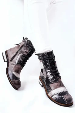 Damskie Maciejka Botki Skórzane Sztyblety Szare 05095-03