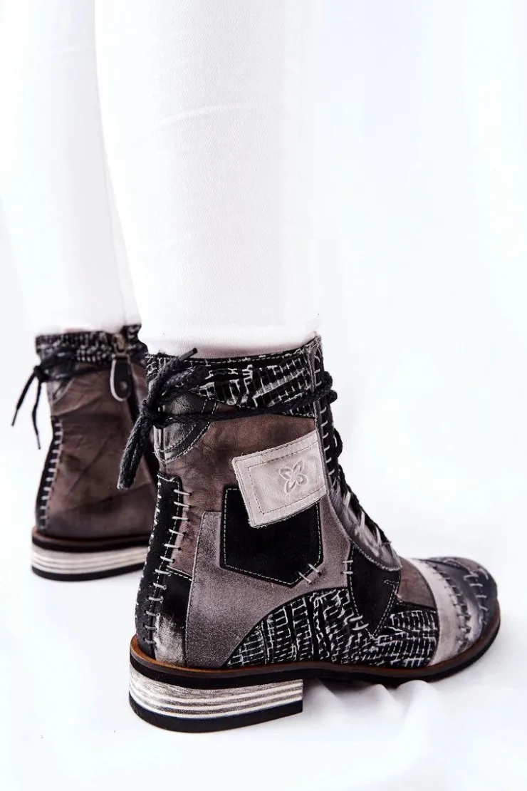 Damskie Maciejka Botki Skórzane Sztyblety Szare 05095-03