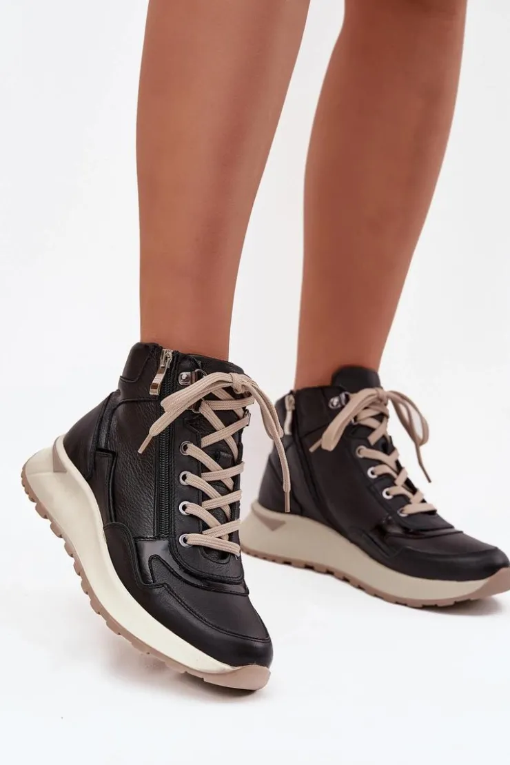 Damskie Zazoo Botki Sportowe Damskie Na Platformie Z Naturalnej Skóry Z1239 Czarne