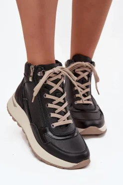 Damskie Zazoo Botki Sportowe Damskie Na Platformie Z Naturalnej Skóry Z1239 Czarne