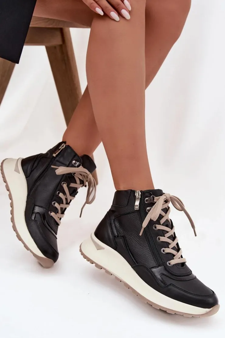 Damskie Zazoo Botki Sportowe Damskie Na Platformie Z Naturalnej Skóry Z1239 Czarne