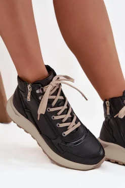 Damskie Zazoo Botki Sportowe Damskie Na Platformie Z Naturalnej Skóry Z1239 Czarne