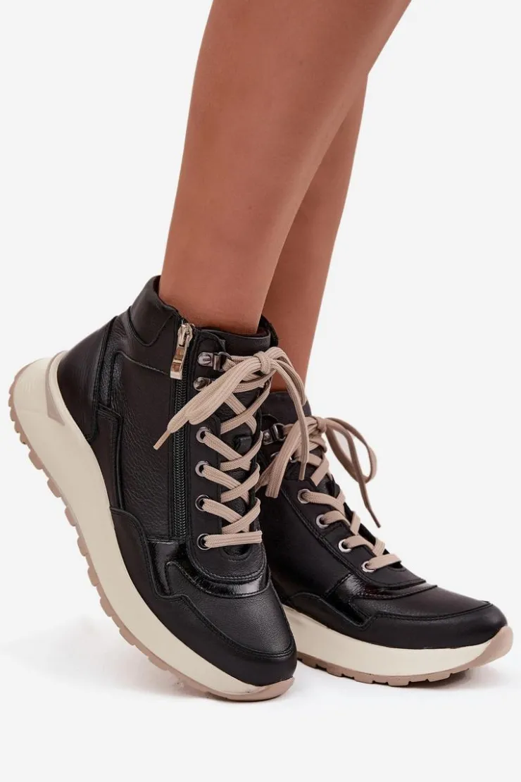 Damskie Zazoo Botki Sportowe Damskie Na Platformie Z Naturalnej Skóry Z1239 Czarne