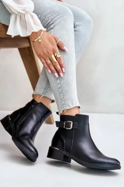 Boto Botki Ocieplane|Botki Zimowe Damskie*Botki Sztyblety Damskie Na Niskim Obcasie Ocieplane Ze Złotą Klamrą Czarne Inomira