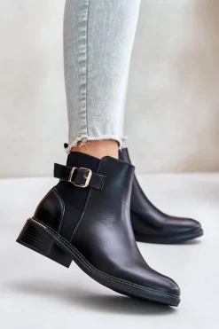 Boto Botki Ocieplane|Botki Zimowe Damskie*Botki Sztyblety Damskie Na Niskim Obcasie Ocieplane Ze Złotą Klamrą Czarne Inomira