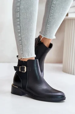 Boto Botki Ocieplane|Botki Zimowe Damskie*Botki Sztyblety Damskie Na Niskim Obcasie Ocieplane Ze Złotą Klamrą Czarne Inomira