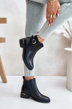 Boto Botki Ocieplane|Botki Zimowe Damskie*Botki Sztyblety Damskie Na Niskim Obcasie Ocieplane Ze Złotą Klamrą Czarne Inomira