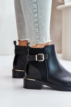 Boto Botki Ocieplane|Botki Zimowe Damskie*Botki Sztyblety Damskie Na Niskim Obcasie Ocieplane Ze Złotą Klamrą Czarne Inomira