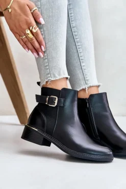 Boto Botki Ocieplane|Botki Zimowe Damskie*Botki Sztyblety Damskie Na Niskim Obcasie Ocieplane Ze Złotą Klamrą Czarne Inomira