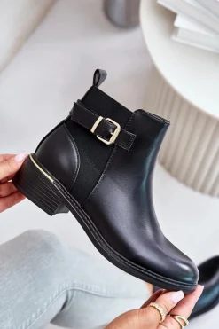 Boto Botki Ocieplane|Botki Zimowe Damskie*Botki Sztyblety Damskie Na Niskim Obcasie Ocieplane Ze Złotą Klamrą Czarne Inomira