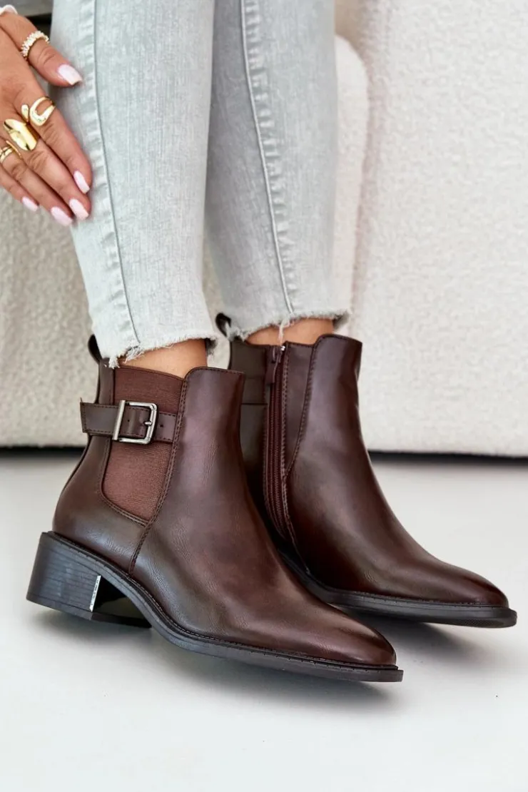 Boto Botki Na Słupku|Botki Zimowe Damskie*Botki Sztyblety Damskie Na Niskim Obcasie Ze Złotą Klamrą Brązowe Vomera