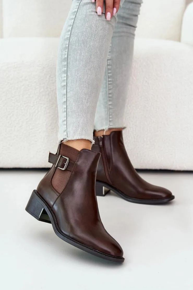 Boto Botki Na Słupku|Botki Zimowe Damskie*Botki Sztyblety Damskie Na Niskim Obcasie Ze Złotą Klamrą Brązowe Vomera