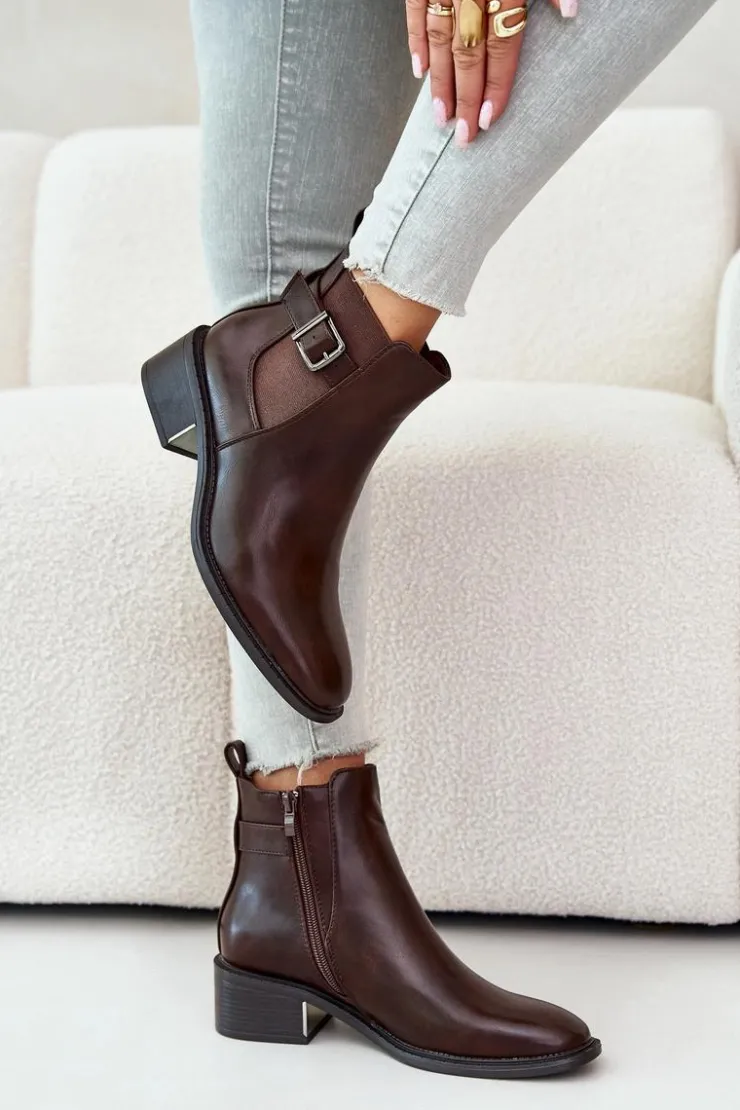 Boto Botki Na Słupku|Botki Zimowe Damskie*Botki Sztyblety Damskie Na Niskim Obcasie Ze Złotą Klamrą Brązowe Vomera