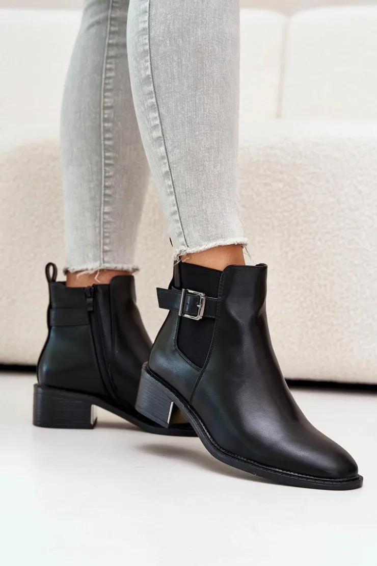 Boto Botki Na Słupku|Botki Zimowe Damskie*Botki Sztyblety Damskie Na Niskim Obcasie Ze Złotą Klamrą Czarne Vomera