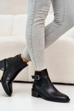 Boto Botki Na Słupku|Botki Zimowe Damskie*Botki Sztyblety Damskie Na Niskim Obcasie Ze Złotą Klamrą Czarne Vomera