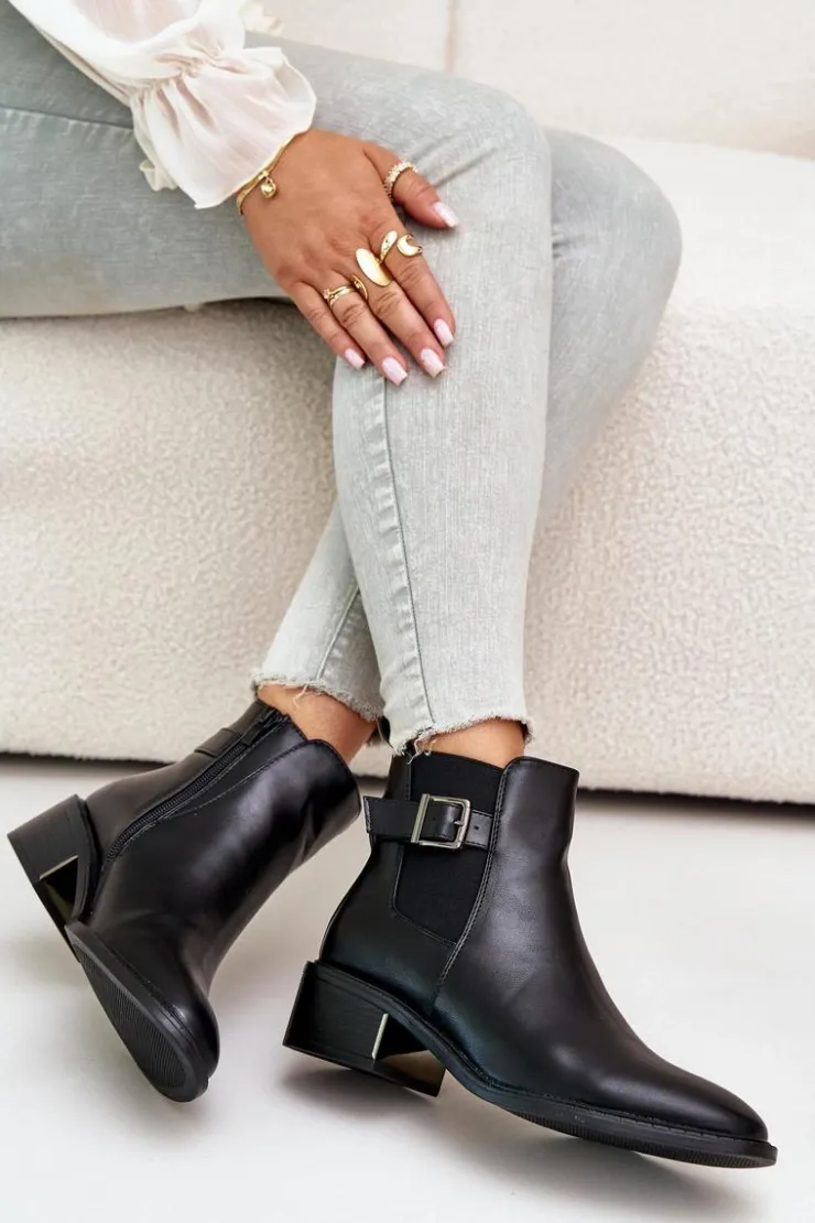 Boto Botki Na Słupku|Botki Zimowe Damskie*Botki Sztyblety Damskie Na Niskim Obcasie Ze Złotą Klamrą Czarne Vomera