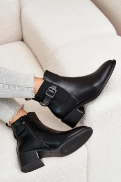 Boto Botki Na Słupku|Botki Zimowe Damskie*Botki Sztyblety Damskie Na Niskim Obcasie Ze Złotą Klamrą Czarne Vomera