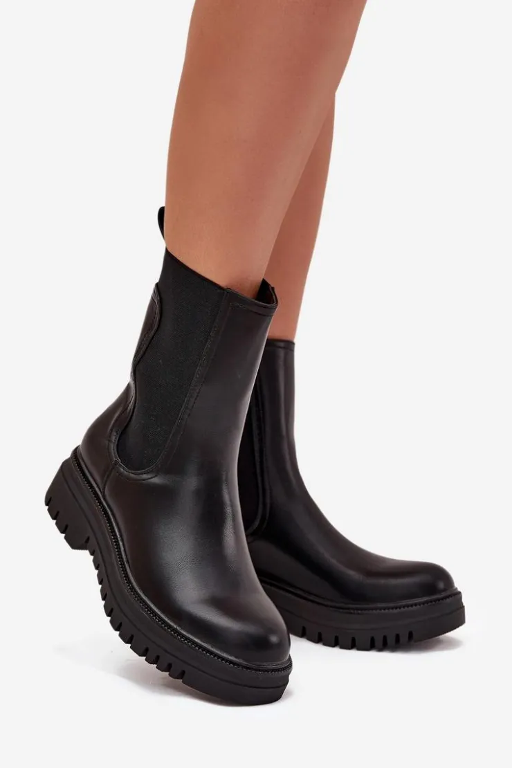 Damskie Boto Botki Sztyblety Damskie Na Platformie I Płaskim Obcasie Wsuwane Czarne Ravessa