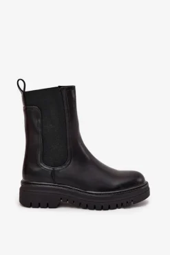 Damskie Boto Botki Sztyblety Damskie Na Platformie I Płaskim Obcasie Wsuwane Czarne Ravessa