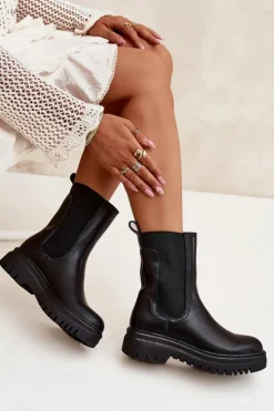 Damskie Boto Botki Sztyblety Damskie Na Platformie I Płaskim Obcasie Wsuwane Czarne Ravessa