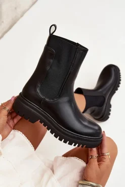 Damskie Boto Botki Sztyblety Damskie Na Platformie I Płaskim Obcasie Wsuwane Czarne Ravessa