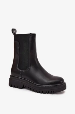 Damskie Boto Botki Sztyblety Damskie Na Platformie I Płaskim Obcasie Wsuwane Czarne Ravessa