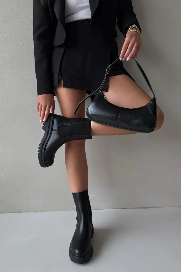 Damskie Boto Botki Sztyblety Damskie Na Platformie I Płaskim Obcasie Wsuwane Czarne Ravessa