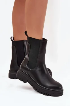 Damskie Boto Botki Sztyblety Damskie Na Platformie I Płaskim Obcasie Wsuwane Czarne Ravessa