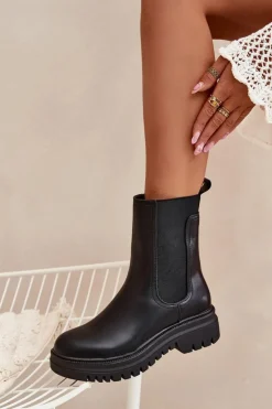 Damskie Boto Botki Sztyblety Damskie Na Platformie I Płaskim Obcasie Wsuwane Czarne Ravessa