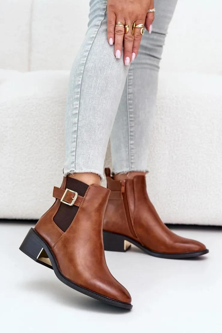 Damskie Boto Botki Sztyblety Damskie Na Niskim Obcasie Ze Złotą Klamrą Camel Vomera