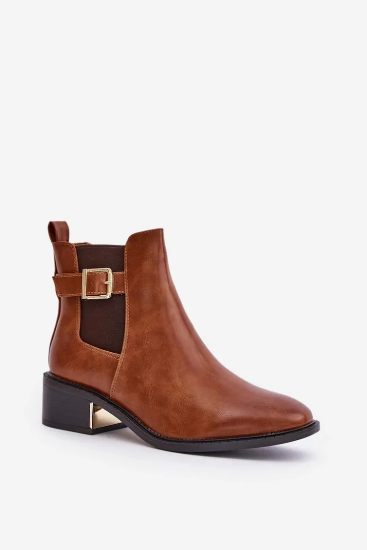 Damskie Boto Botki Sztyblety Damskie Na Niskim Obcasie Ze Złotą Klamrą Camel Vomera