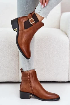Damskie Boto Botki Sztyblety Damskie Na Niskim Obcasie Ze Złotą Klamrą Camel Vomera