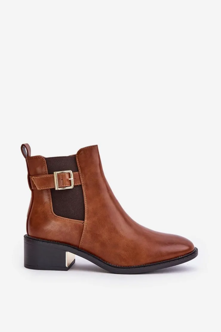 Damskie Boto Botki Sztyblety Damskie Na Niskim Obcasie Ze Złotą Klamrą Camel Vomera