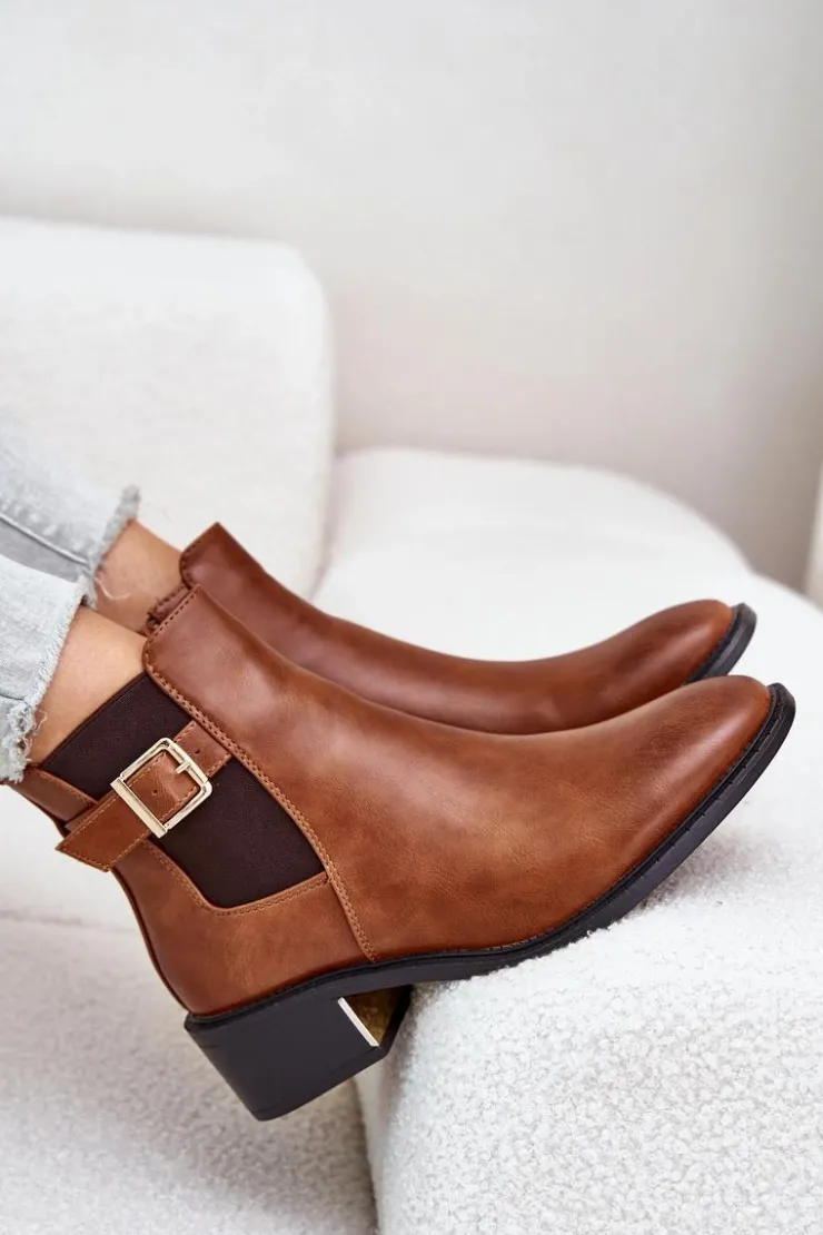 Damskie Boto Botki Sztyblety Damskie Na Niskim Obcasie Ze Złotą Klamrą Camel Vomera