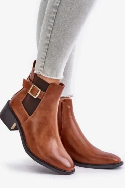 Damskie Boto Botki Sztyblety Damskie Na Niskim Obcasie Ze Złotą Klamrą Camel Vomera