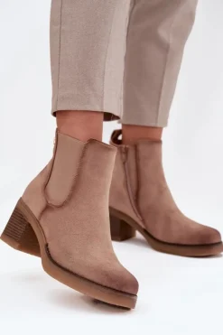 Damskie Boto Botki Sztyblety Damskie Na Obcasie Ocieplane Beżowe Zelia
