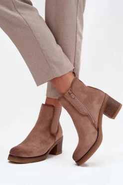 Damskie Boto Botki Sztyblety Damskie Na Obcasie Ocieplane Beżowe Zelia