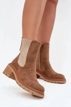 Clearance Boto Botki Sztyblety Damskie Ocieplane Na Klocku Ciemnobeżowe Zoralia Brązowy