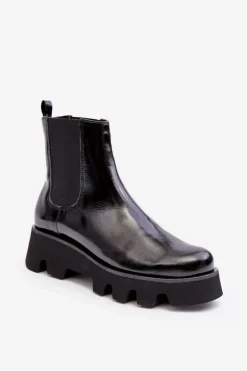 Discount Laura Messi Botki Sztyblety Damskie Skórzane Na Masywnej Podeszwie 2571 Czarne