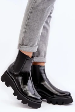 Discount Laura Messi Botki Sztyblety Damskie Skórzane Na Masywnej Podeszwie 2571 Czarne