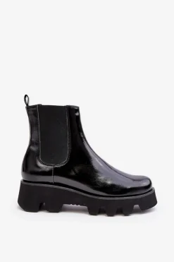 Discount Laura Messi Botki Sztyblety Damskie Skórzane Na Masywnej Podeszwie 2571 Czarne