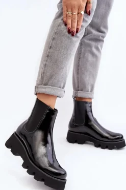 Discount Laura Messi Botki Sztyblety Damskie Skórzane Na Masywnej Podeszwie 2571 Czarne