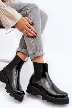 Discount Laura Messi Botki Sztyblety Damskie Skórzane Na Masywnej Podeszwie 2571 Czarne