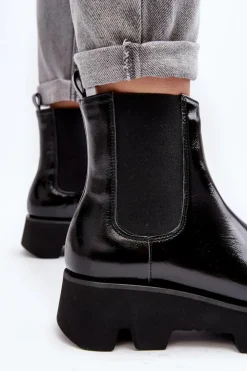 Discount Laura Messi Botki Sztyblety Damskie Skórzane Na Masywnej Podeszwie 2571 Czarne