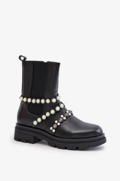 Boto Czarne Botki|Botki Płaskie*Botki Sztyblety Damskie Z Ozdobnymi Paskami Czarne Sintitia