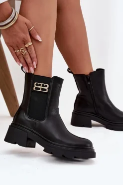 Clearance Boto Botki Sztyblety Damskie Ze Złotym Detalem Ocieplane Czarne Serene Czarny
