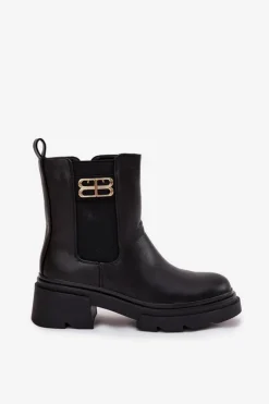 Clearance Boto Botki Sztyblety Damskie Ze Złotym Detalem Ocieplane Czarne Serene Czarny