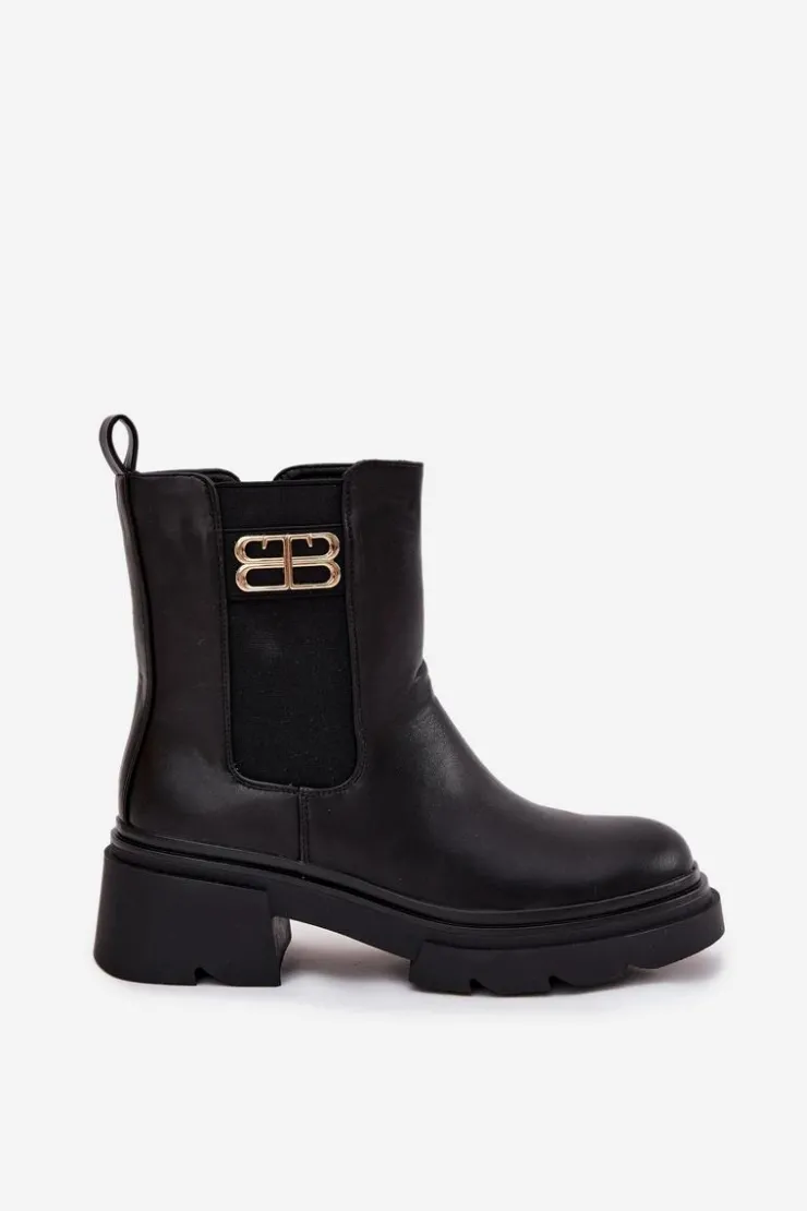 Clearance Boto Botki Sztyblety Damskie Ze Złotym Detalem Ocieplane Czarne Serene Czarny