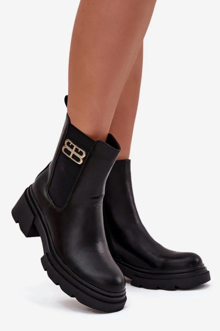Clearance Boto Botki Sztyblety Damskie Ze Złotym Detalem Ocieplane Czarne Serene Czarny